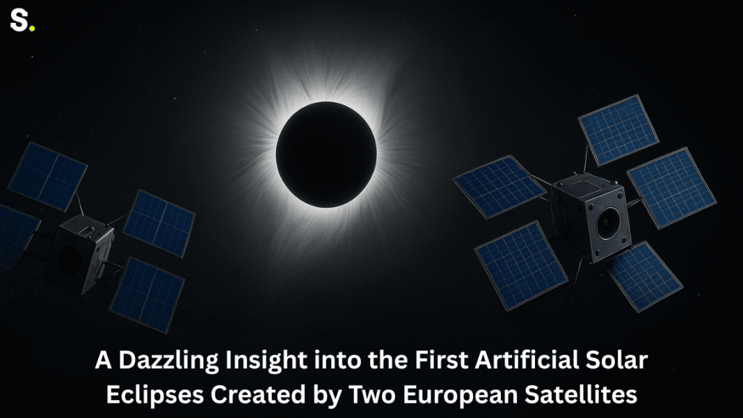 A Dazzling Insight into the First Artificial Solar Eclipses Created by Two European Satellites