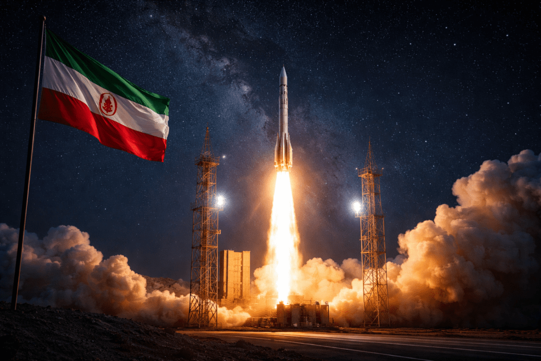 The bright flame of a rocket launch becomes a symbol of Iran's space ambition and progress