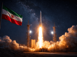 The bright flame of a rocket launch becomes a symbol of Iran's space ambition and progress